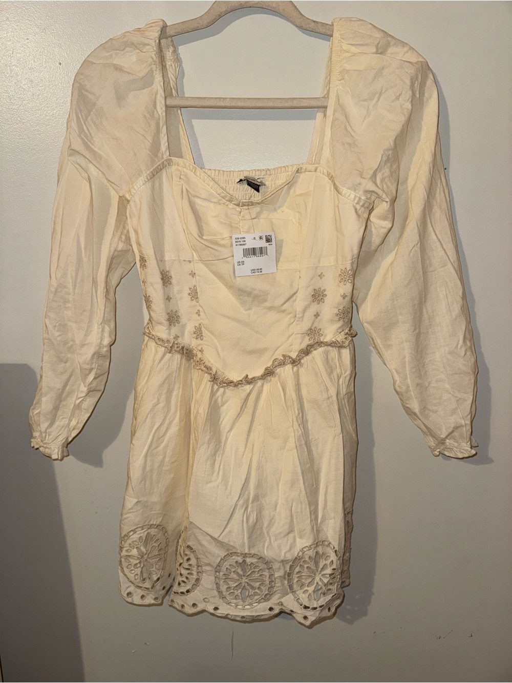 American Eagle Outfitters Cream Eyelet Puff-Sleeve Mini Dress
